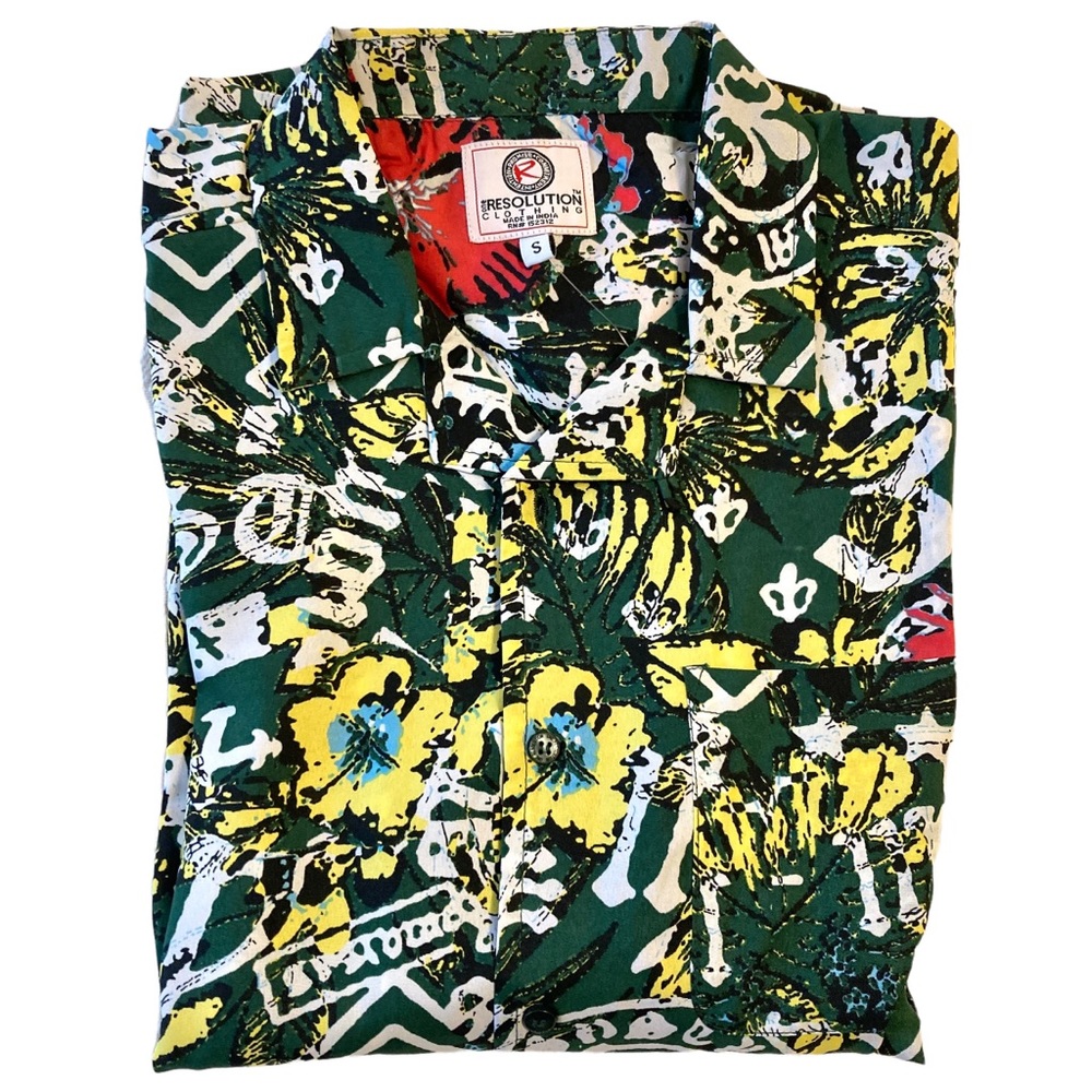 Mens Hawaiian shirt one Resolution clothing floral graffiti green white size S